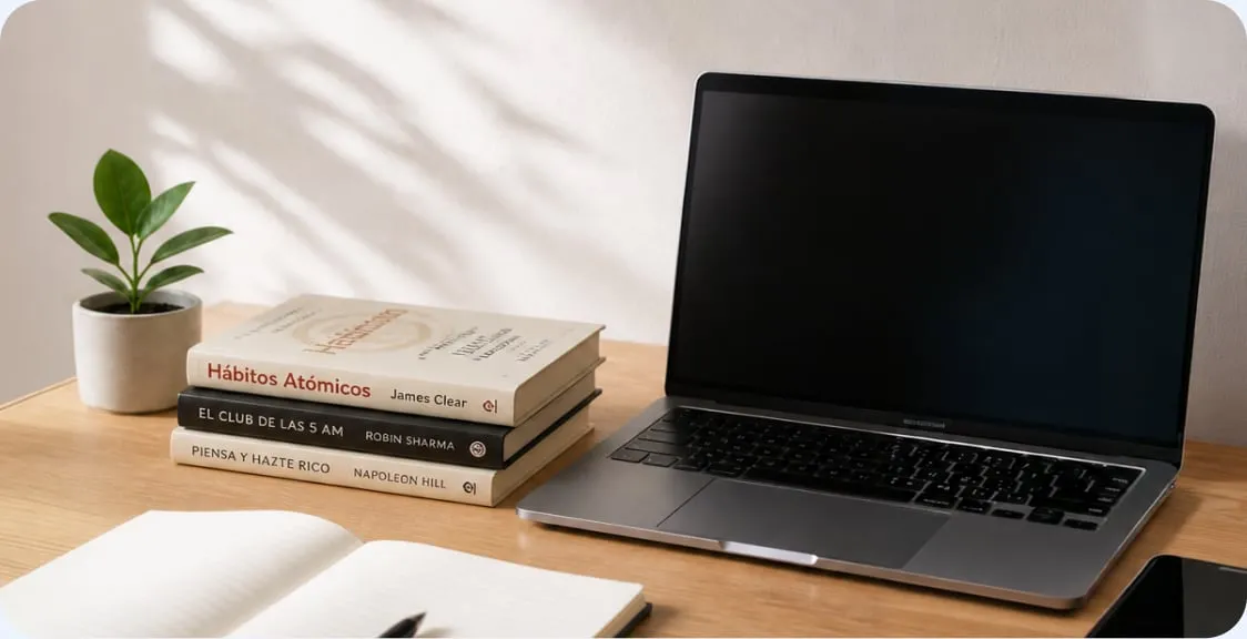 Estudiante trabajando con su laptop y sus libros
